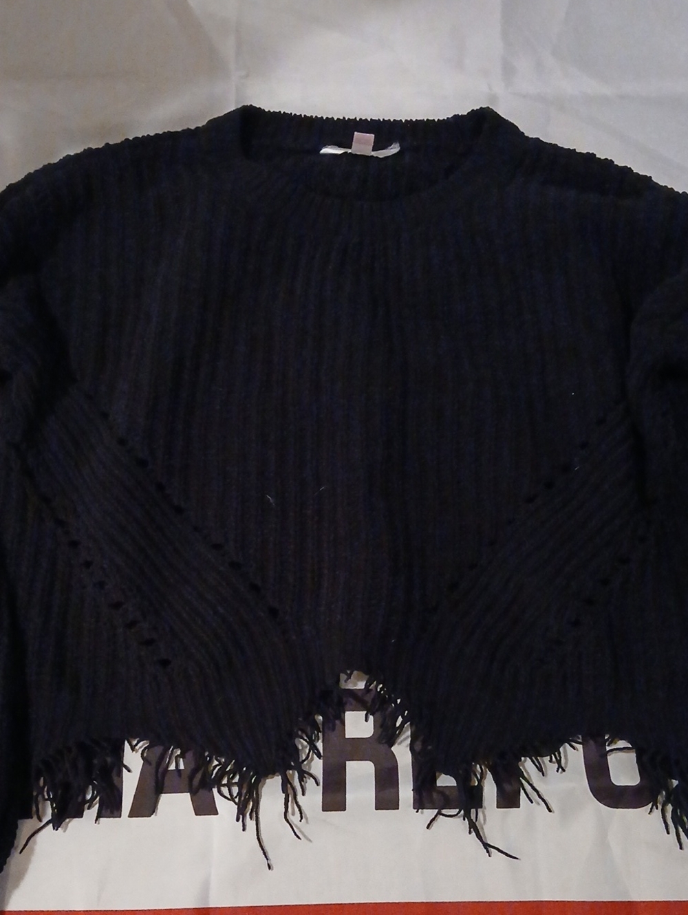 Black Fringed Ribbed Crewneck Sweater - Women's